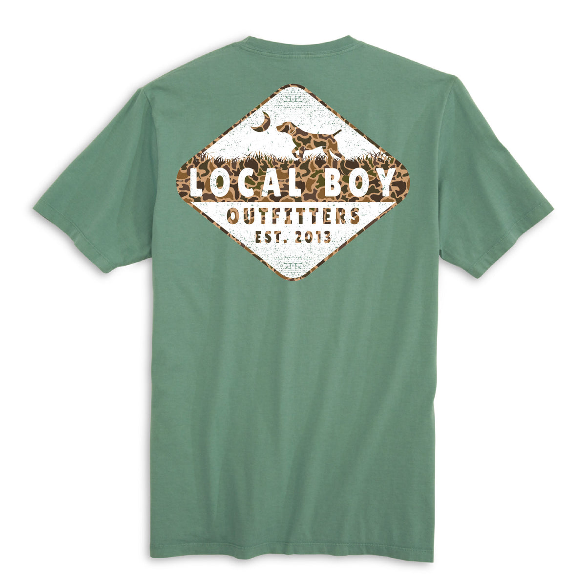 Local Boy Outfitters Camo Diamond Dog Graphic T-Shirt in green with hunting dog design and camo accents on the back.