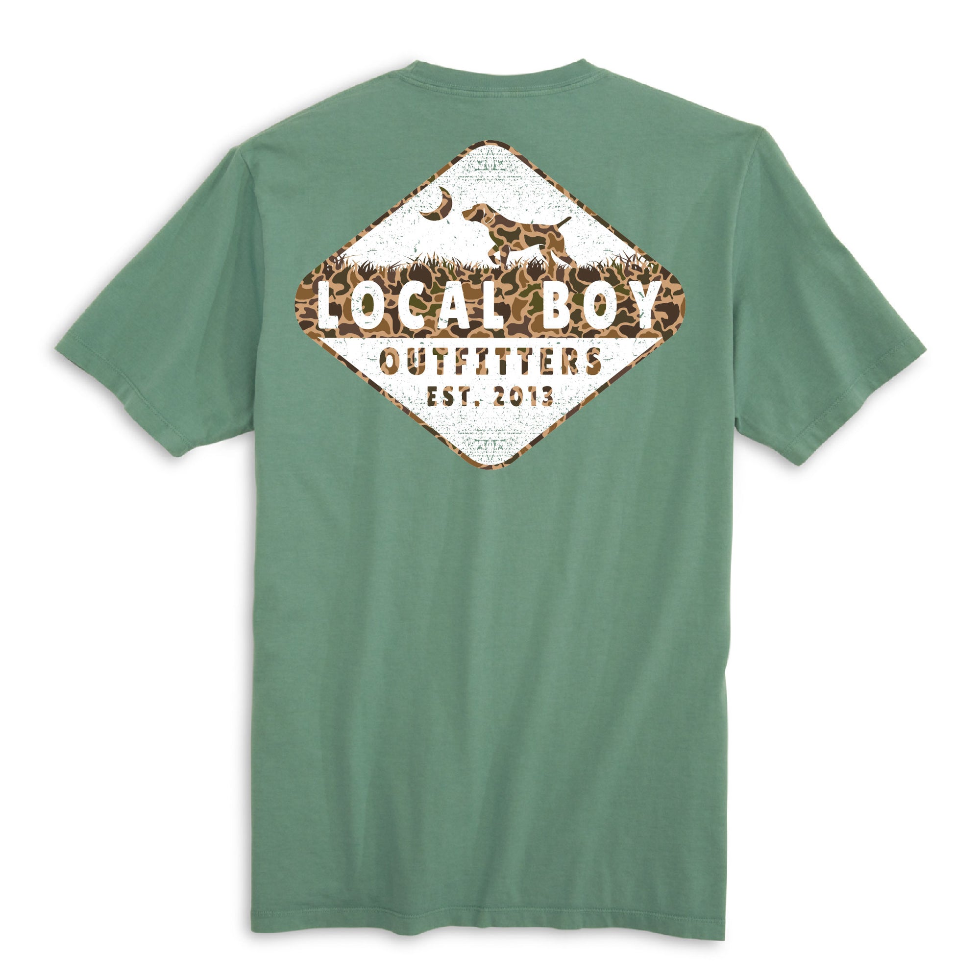 Local Boy Outfitters Camo Diamond Dog Graphic T-Shirt in green with hunting dog design and camo accents on the back.