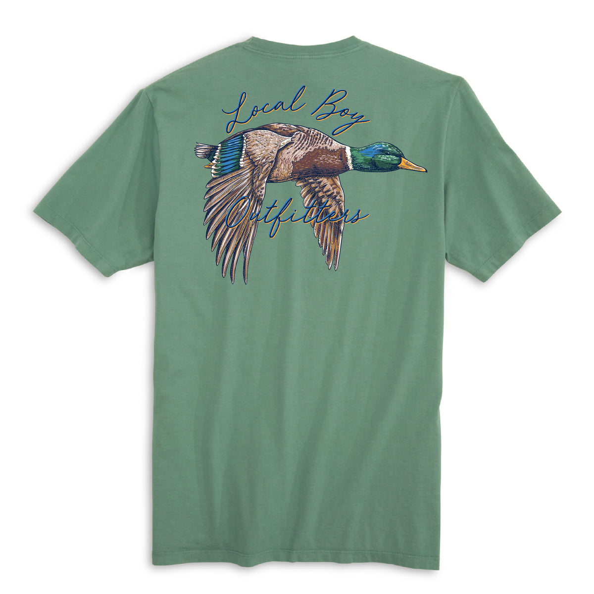 Local Boy Outfitters Flying Mallard Duck Graphic T-Shirt in green with detailed duck illustration and script logo on the back.