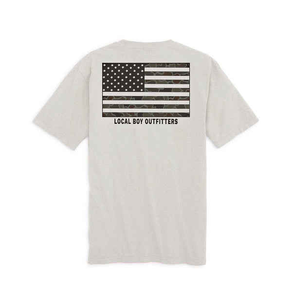 Local Boy Outfitters Youth OD Flag tee in silver with camo American flag graphic and logo on back.