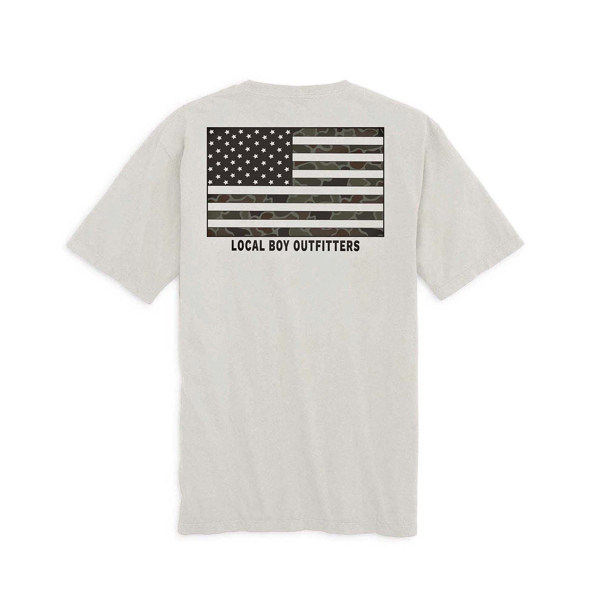 Local Boy Outfitters Youth OD Flag tee in silver with camo American flag graphic and logo on back.