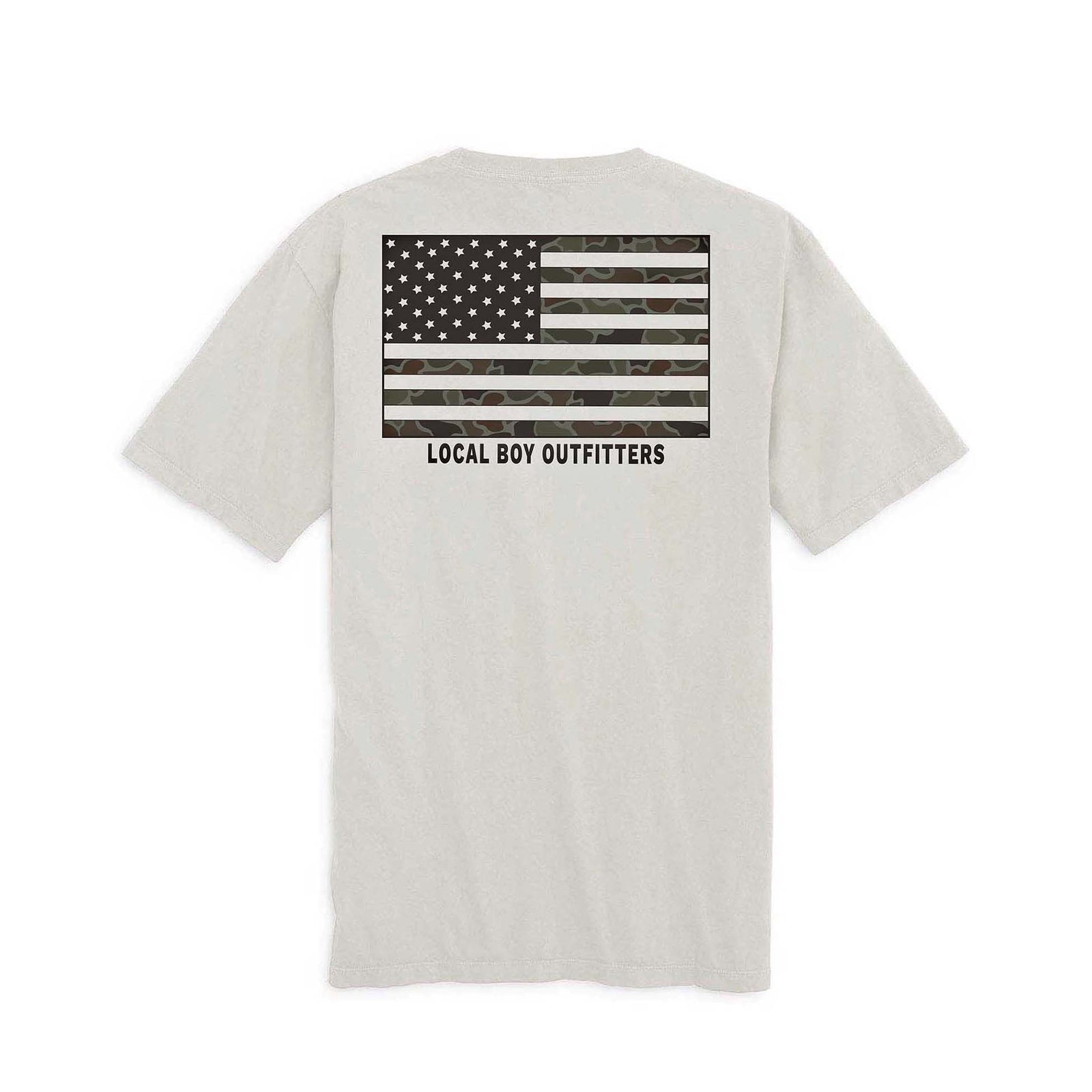 Local Boy Outfitters Youth OD Flag tee in silver with camo American flag graphic and logo on back.