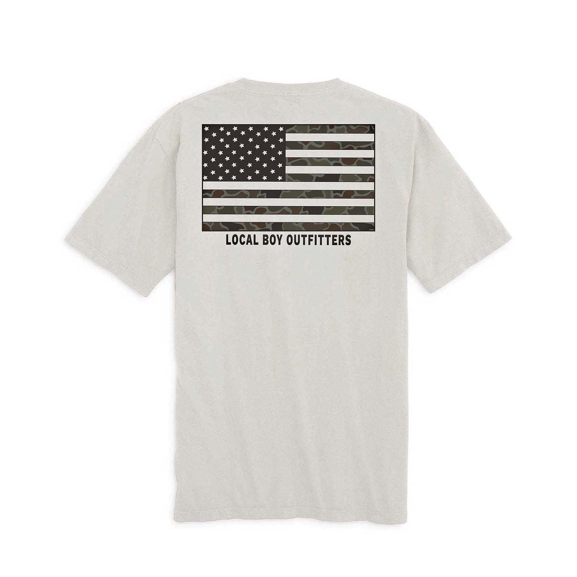 Local Boy Outfitters Youth OD Flag tee in silver with camo American flag graphic and logo on back.