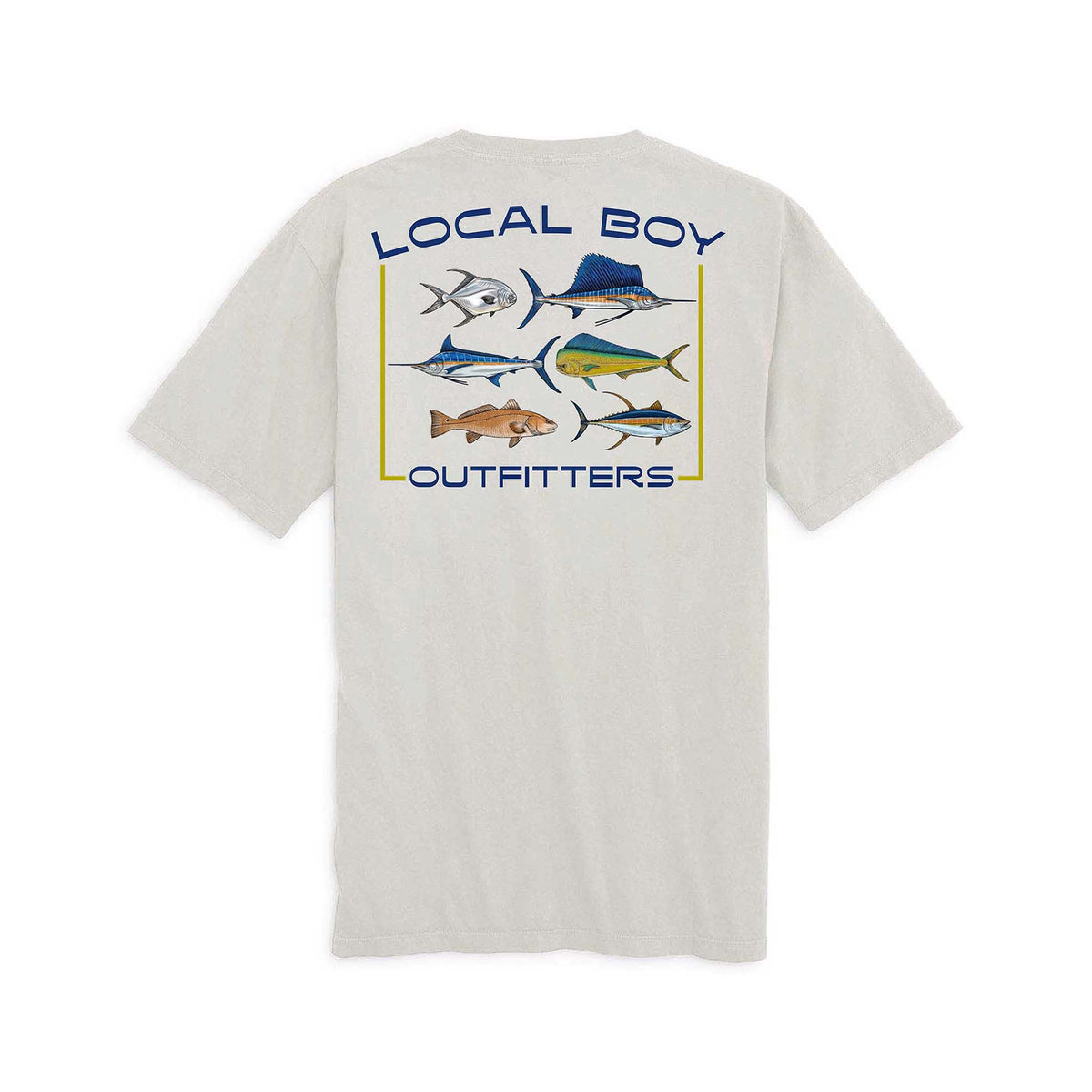 Grey t-shirt with fish illustrations and 'Local Boy Outfitters' text on a white background