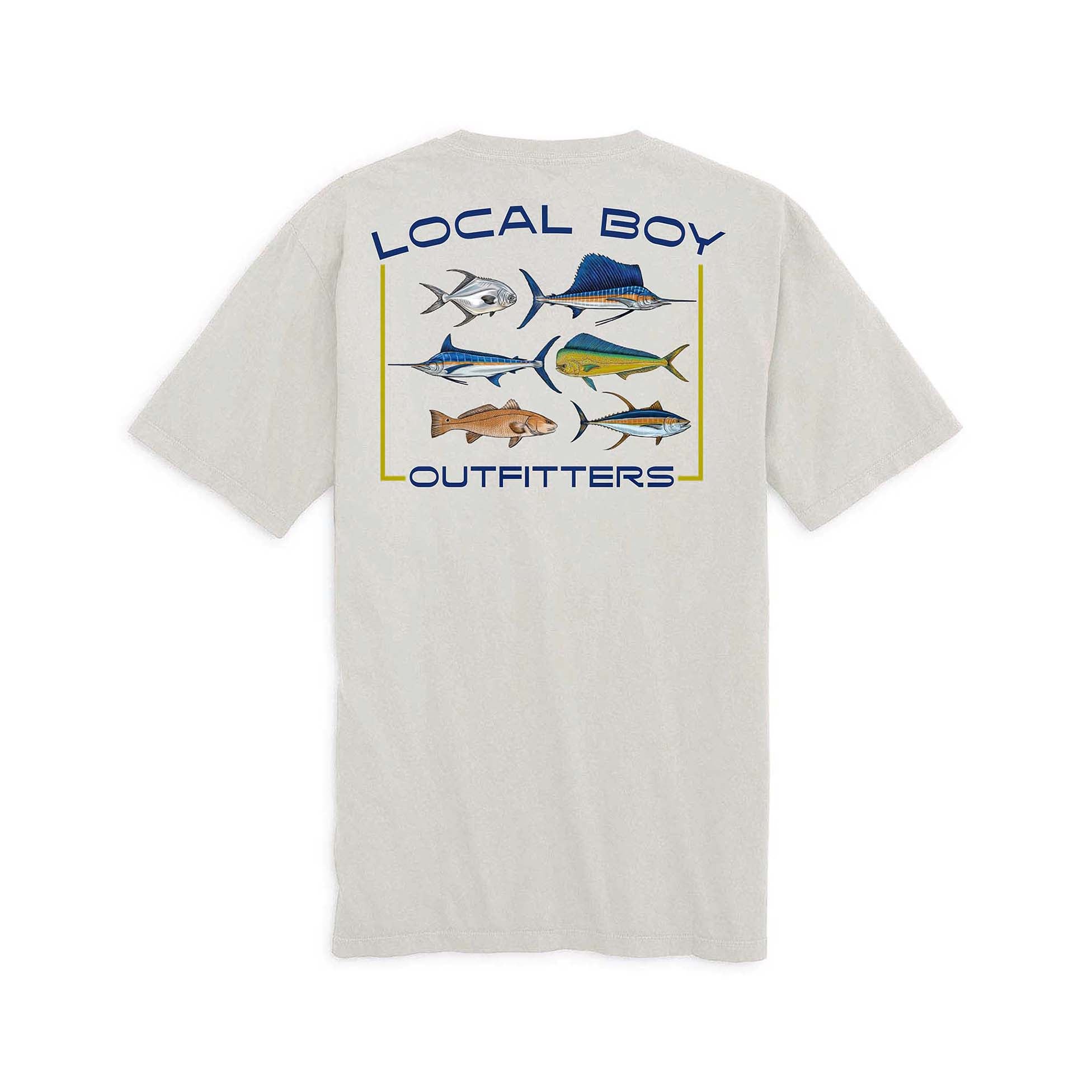 Grey t-shirt with fish illustrations and 'Local Boy Outfitters' text on a white background
