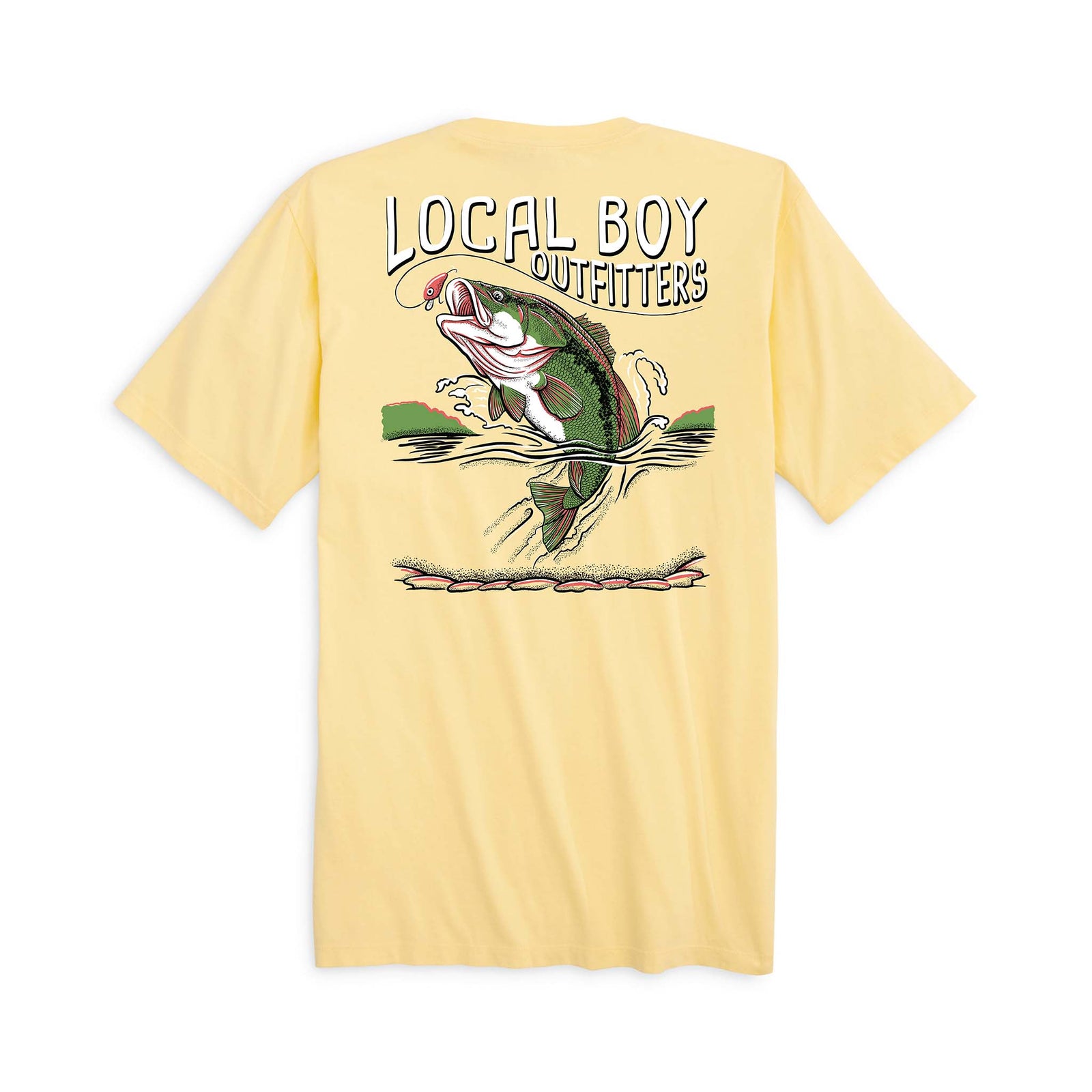 Local Boy Outfitters short sleeve t-shirt in pale yellow. Back graphic shows a leaping bass fish with splash details and brand text above.