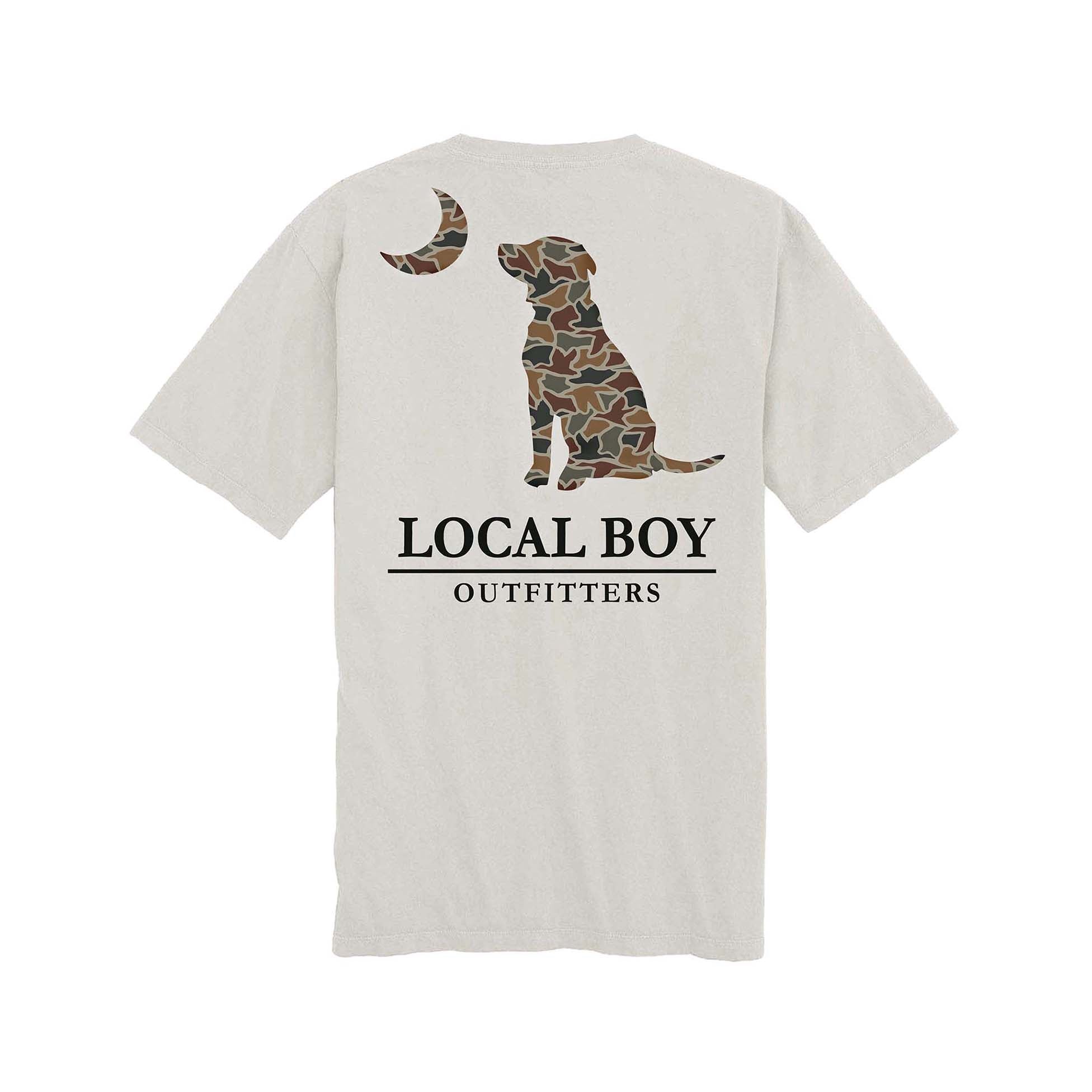 back of a grey youth short sleeve tshirt featuring a camo filled dog and moon with a local boy outfitters logo below.