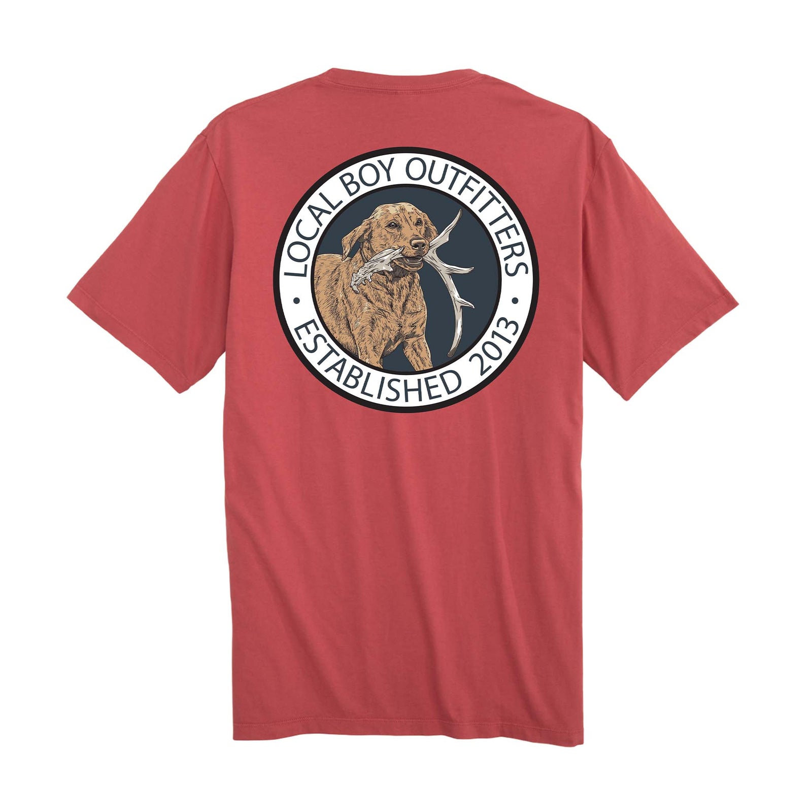 Back view of youth brick red Local Boy Outfitters t-shirt with circular logo featuring a dog holding antlers and “Established 2013” text.