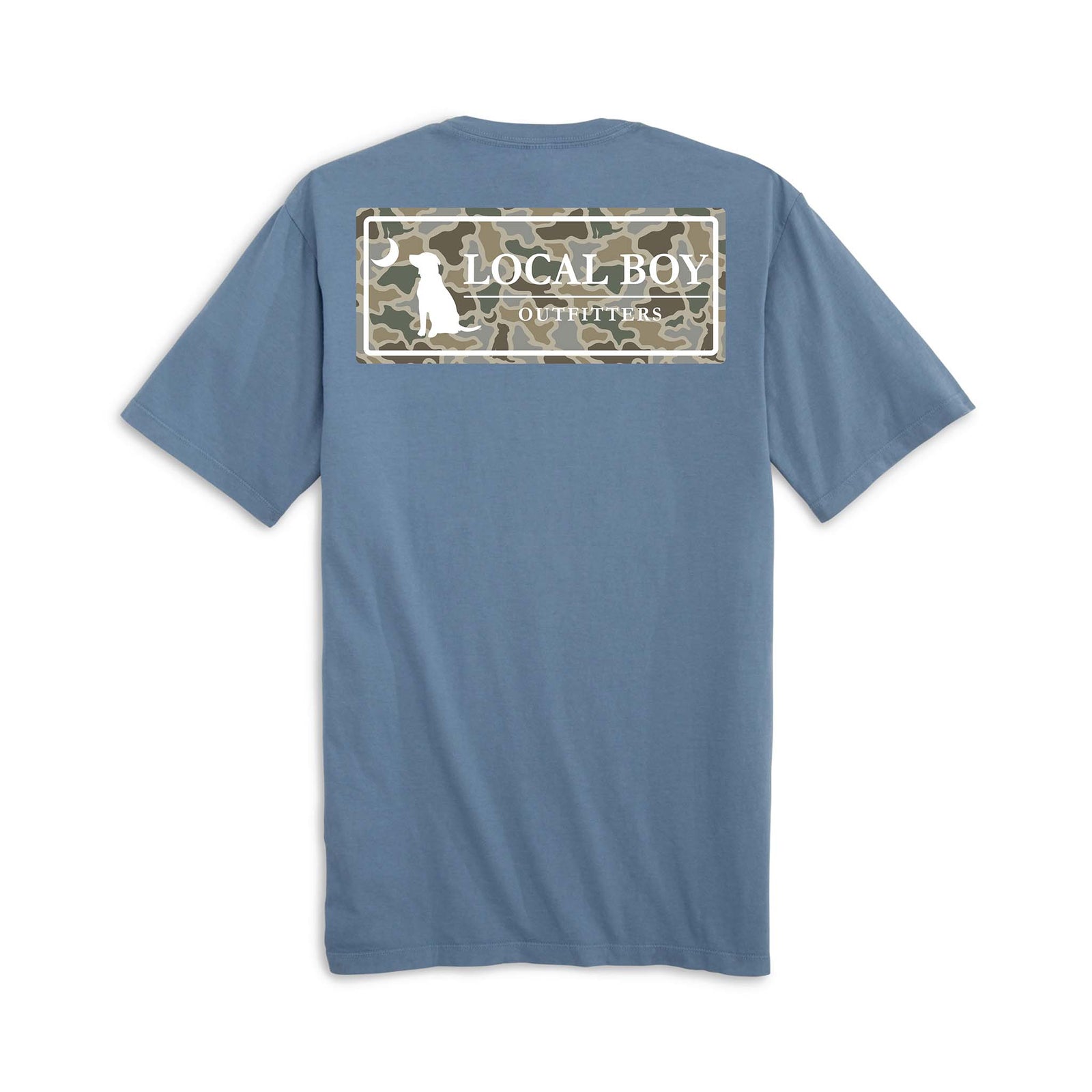 Local Boy Outfitters short sleeve t-shirt in slate blue. Back features a rectangular camo graphic with a white dog silhouette and crescent moon beside the brand name.