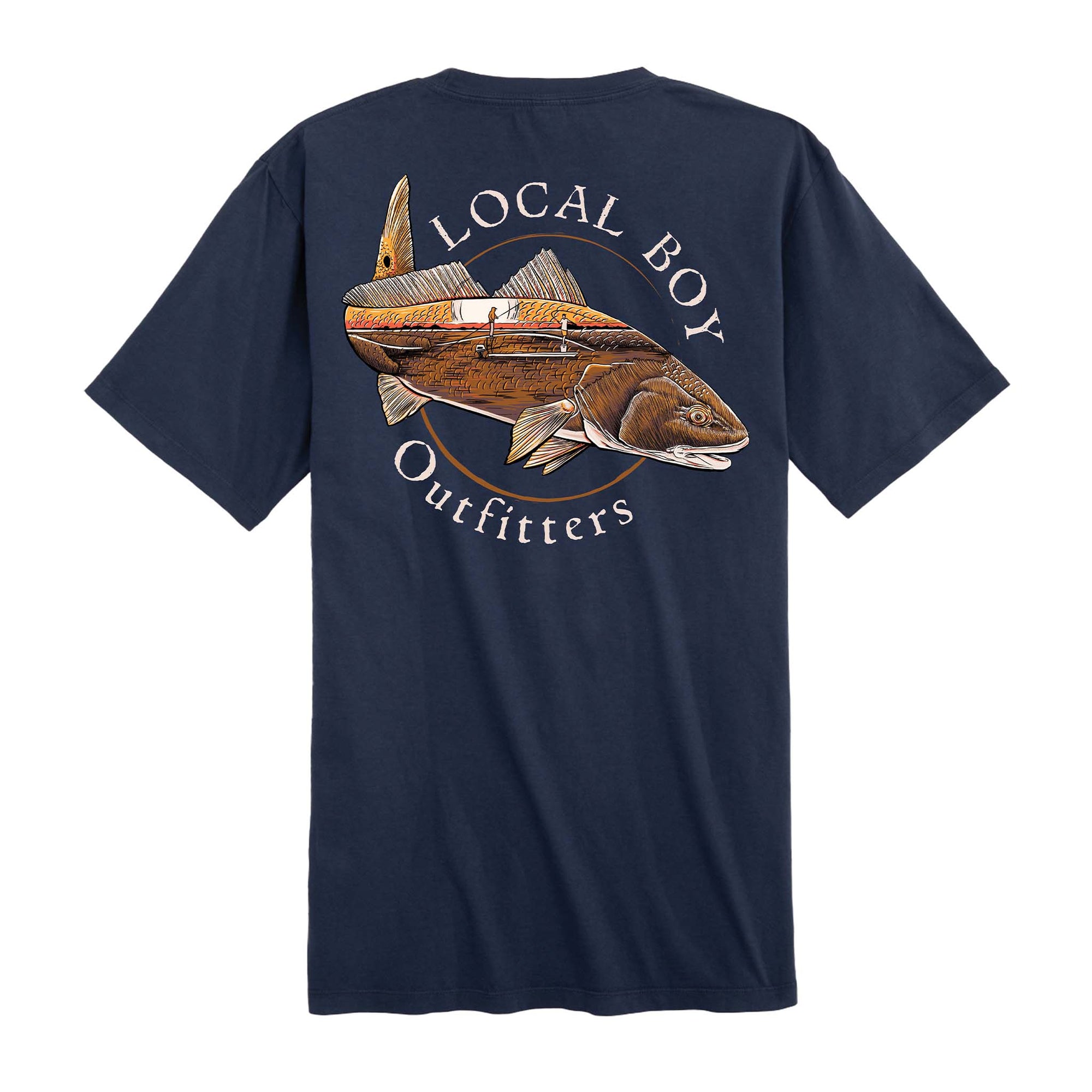 Back view of navy Local Boy Outfitters t-shirt with large fish graphic and “Local Boy Outfitters” text.