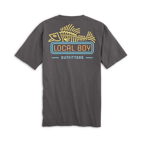 Local Boy Outfitters short sleeve t-shirt in charcoal. Back features a neon-style fish skeleton with “Local Boy Outfitters” in orange and blue.