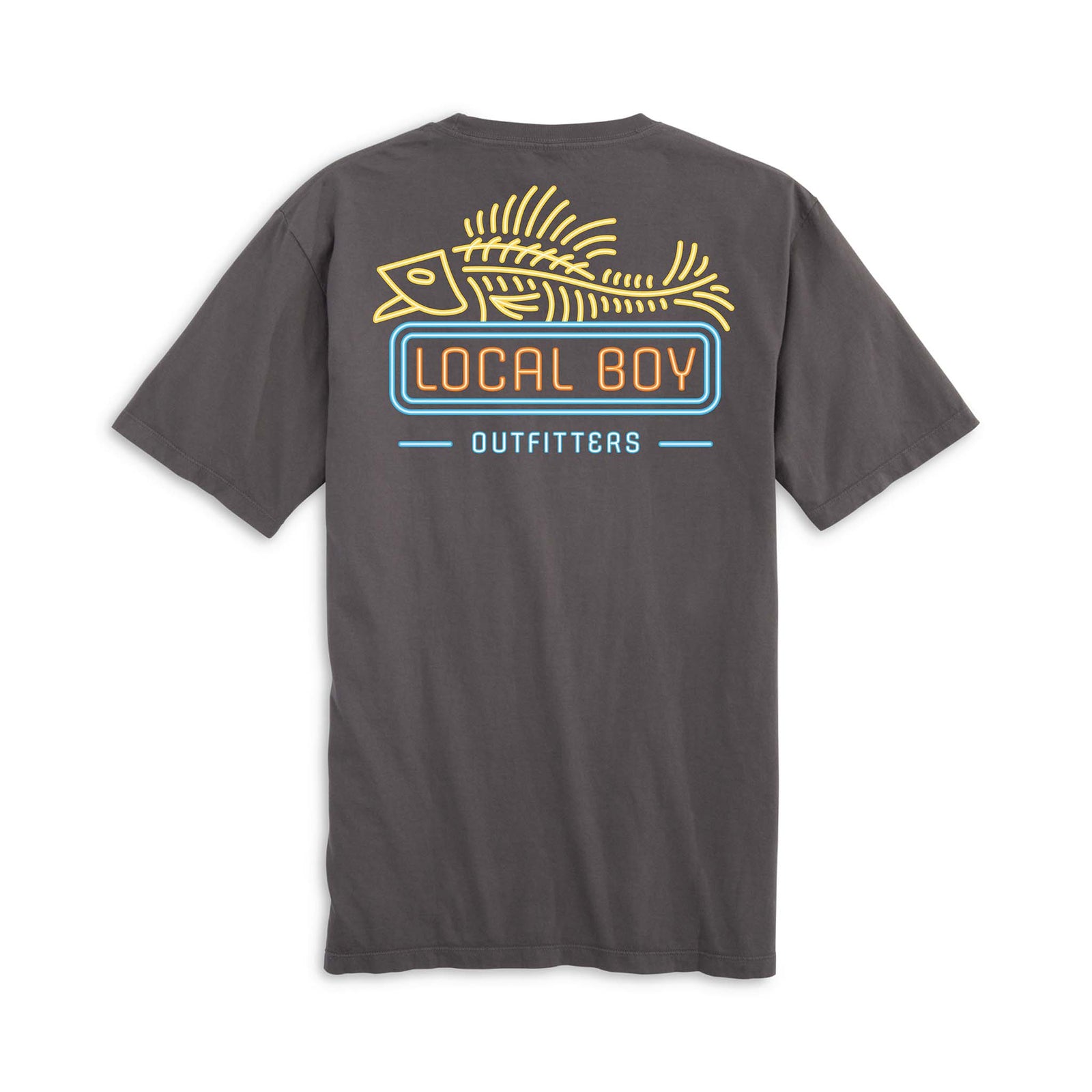 Local Boy Outfitters short sleeve t-shirt in charcoal. Back features a neon-style fish skeleton with “Local Boy Outfitters” in orange and blue.
