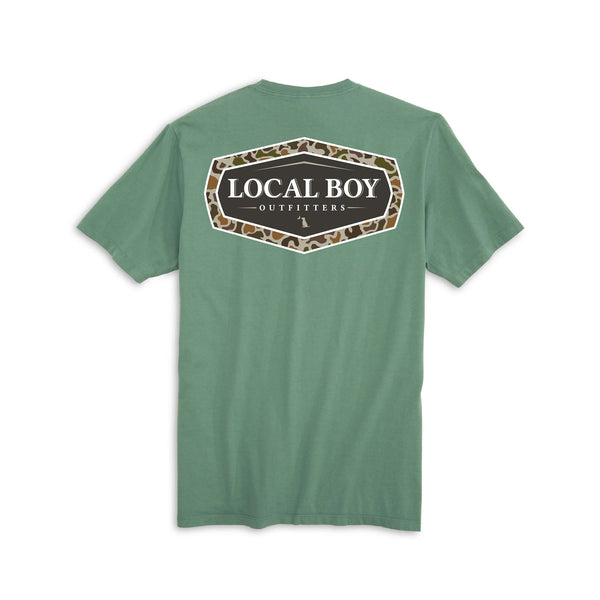 Local Boy Outfitters green short sleeve t-shirt with a camo outline badge.