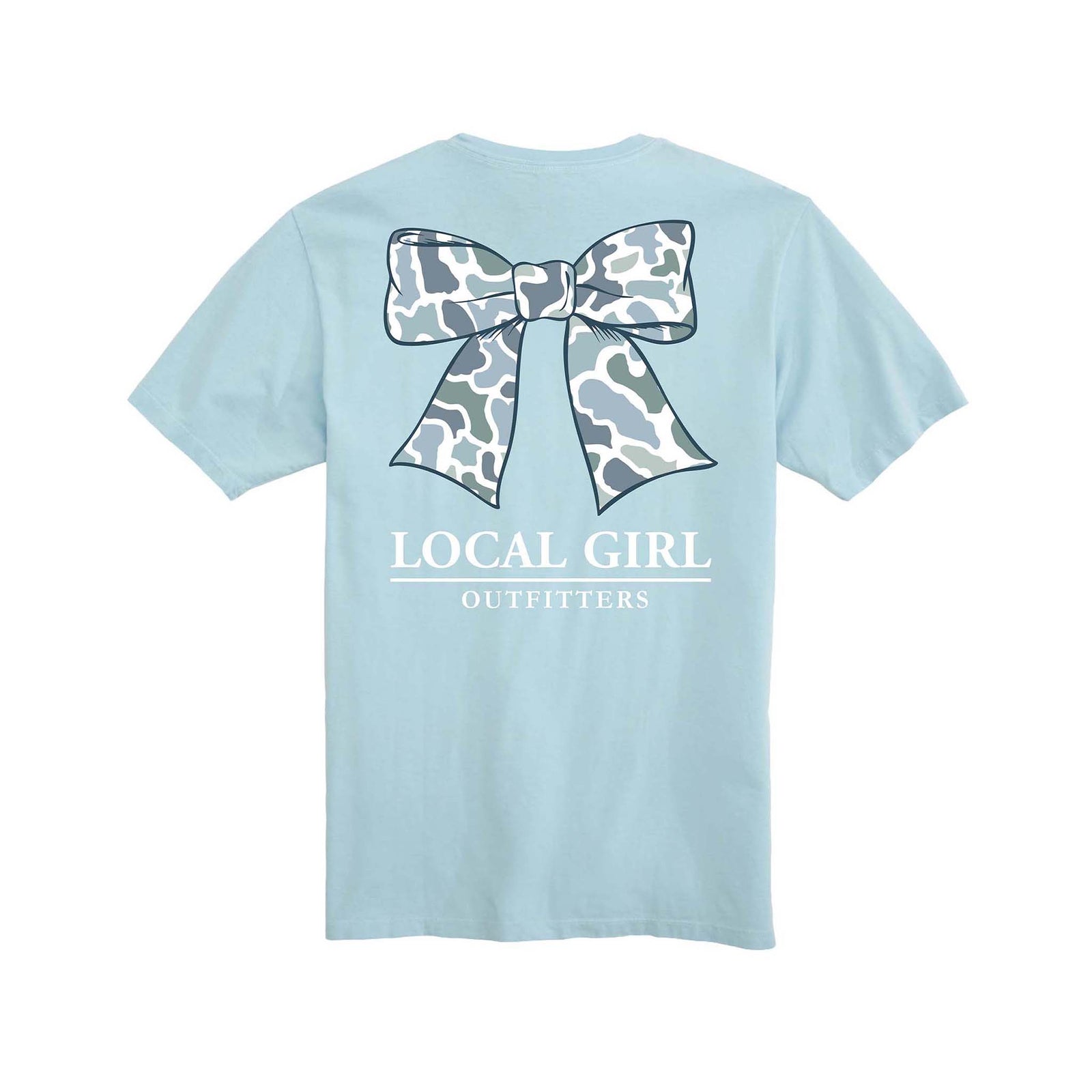Local Girl Outfitters Youth tee in light blue with camo bow graphic and logo on back. Short sleeve. Available in youth sizes XS–XL. 