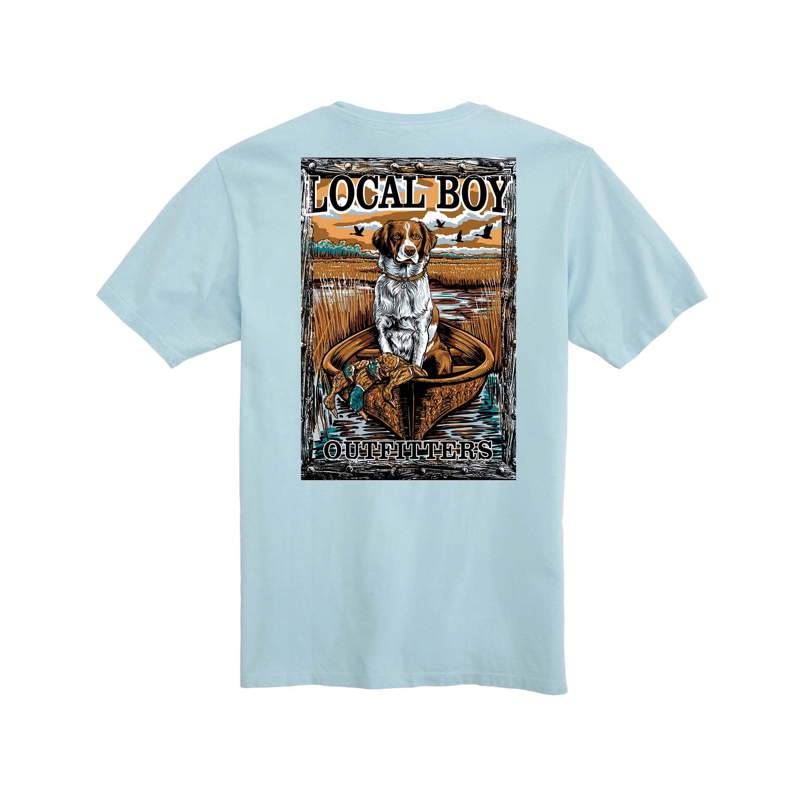 Light blue t-shirt with a graphic of a dog in a boat and 'Local Boy Outfitters' text on the back.