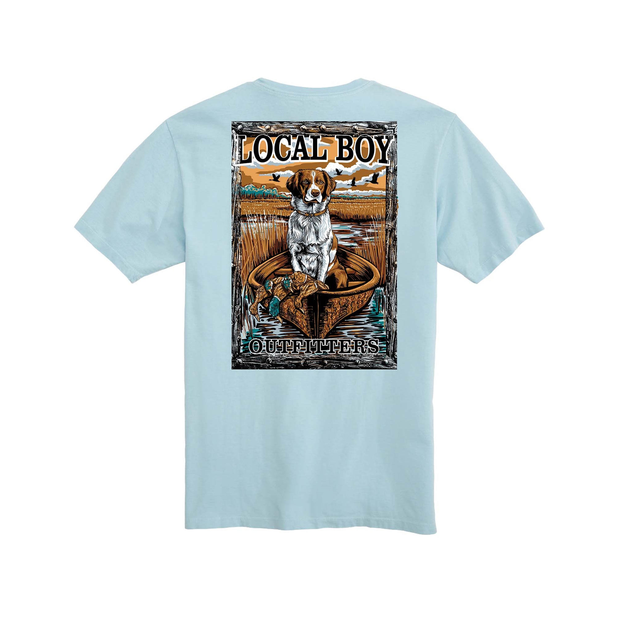 Light blue t-shirt with a graphic of a dog in a boat and 'Local Boy Outfitters' text on the back.