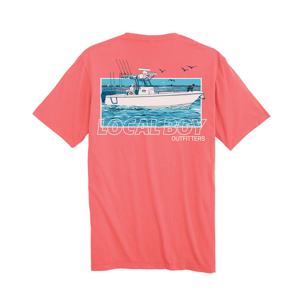Local Boy Outfitters Youth Center Console Short Sleeve T-Shirt in Coral with Center Console graphic and Local boy logo on back