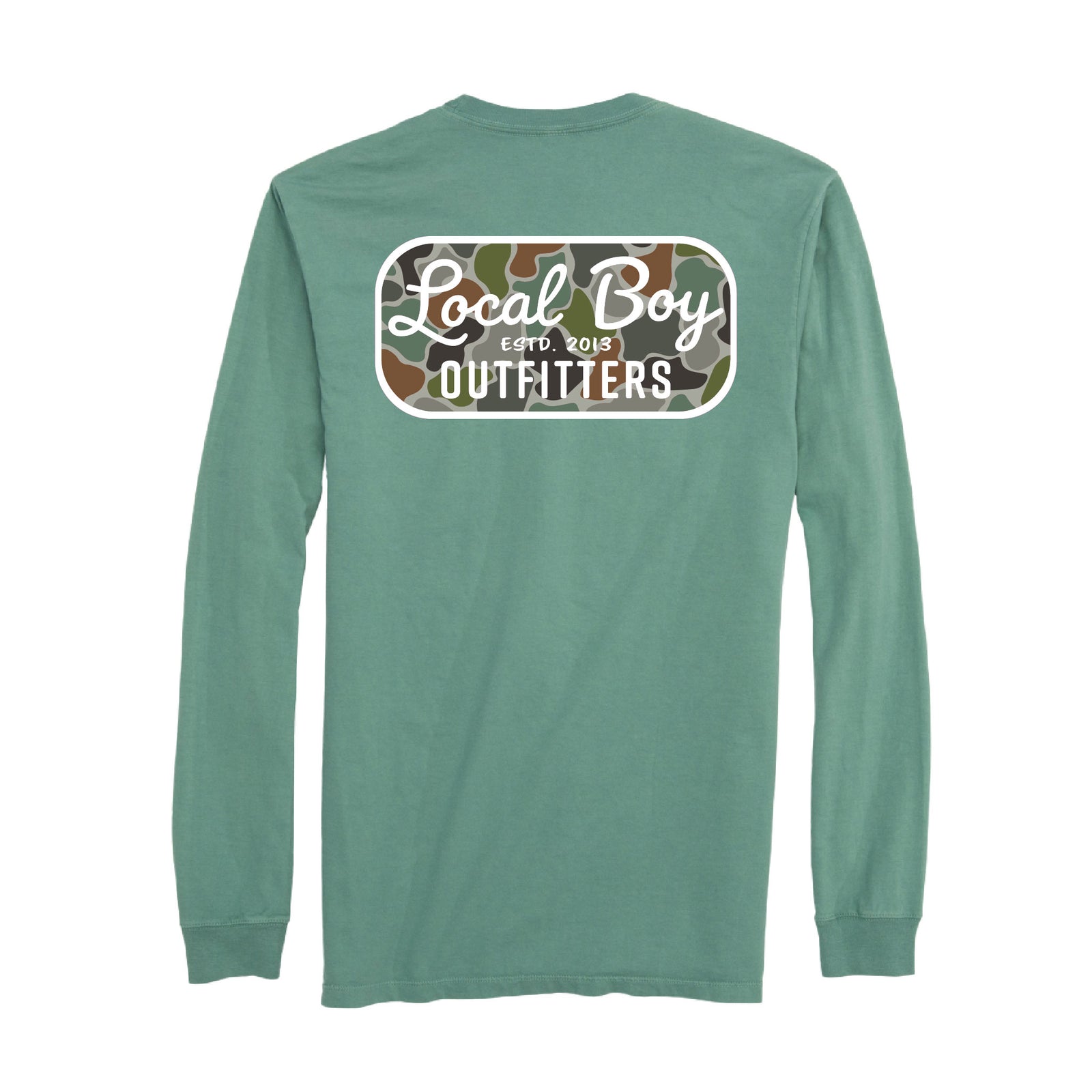 Local Boy Outfitters long sleeve green t-shirt with a camo logo on the back featuring “Local Boy Outfitters Estd. 2013” in white text.