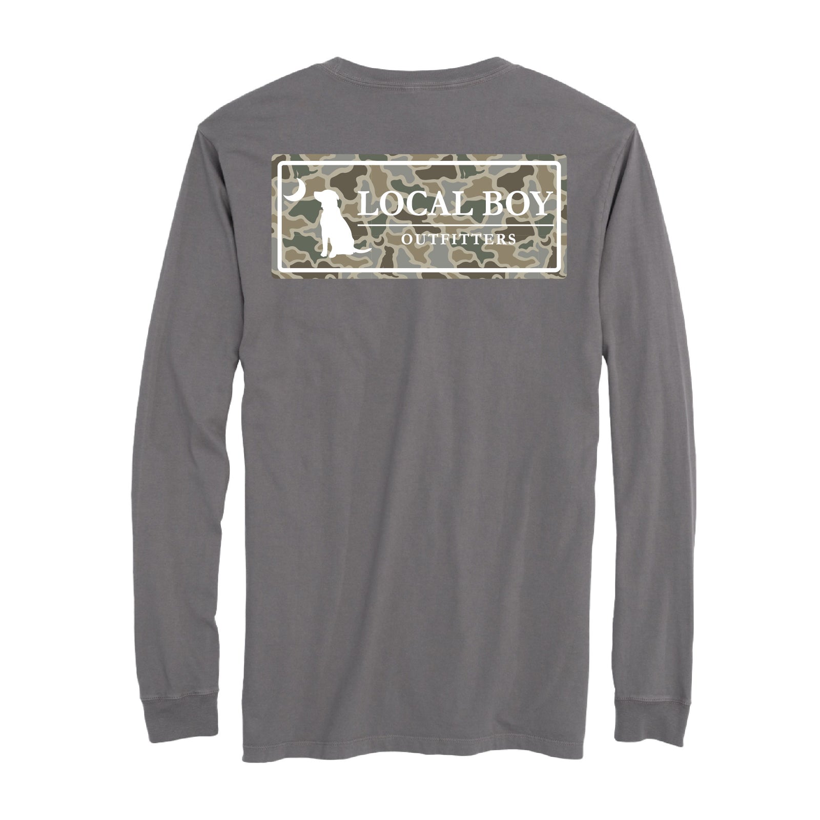 Local Boy Outfitters gray long sleeve shirt with camo license plate graphic on back, featuring dog silhouette, crescent moon, and brand logo.