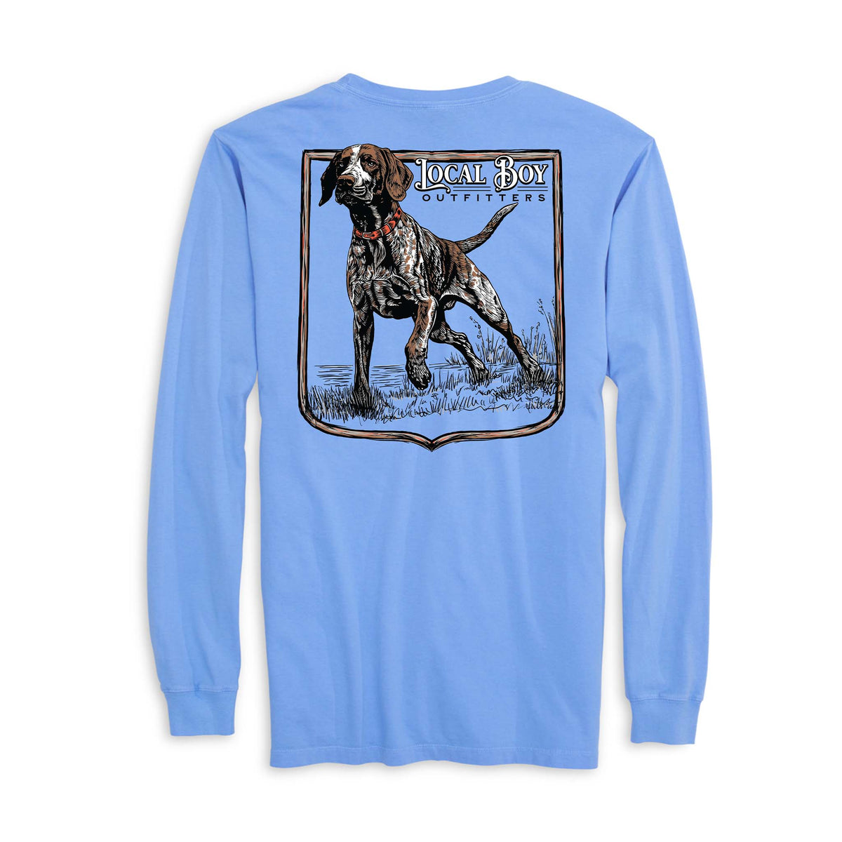 Back view of china blue Local Boy Outfitters long sleeve shirt with pointing hunting dog graphic and logo text.