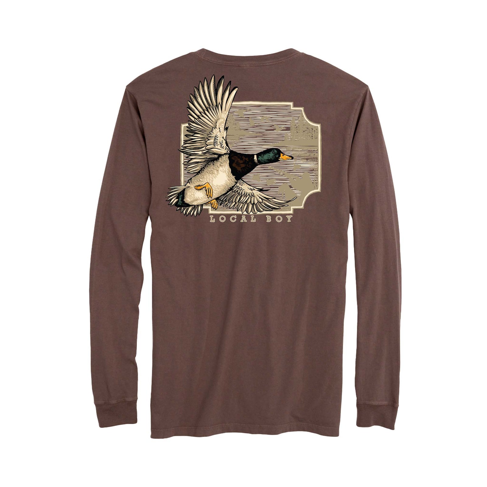 Local Boy Outfitters espresso brown long sleeve shirt with illustrated mallard duck graphic in flight on back and “Local Boy” text beneath.