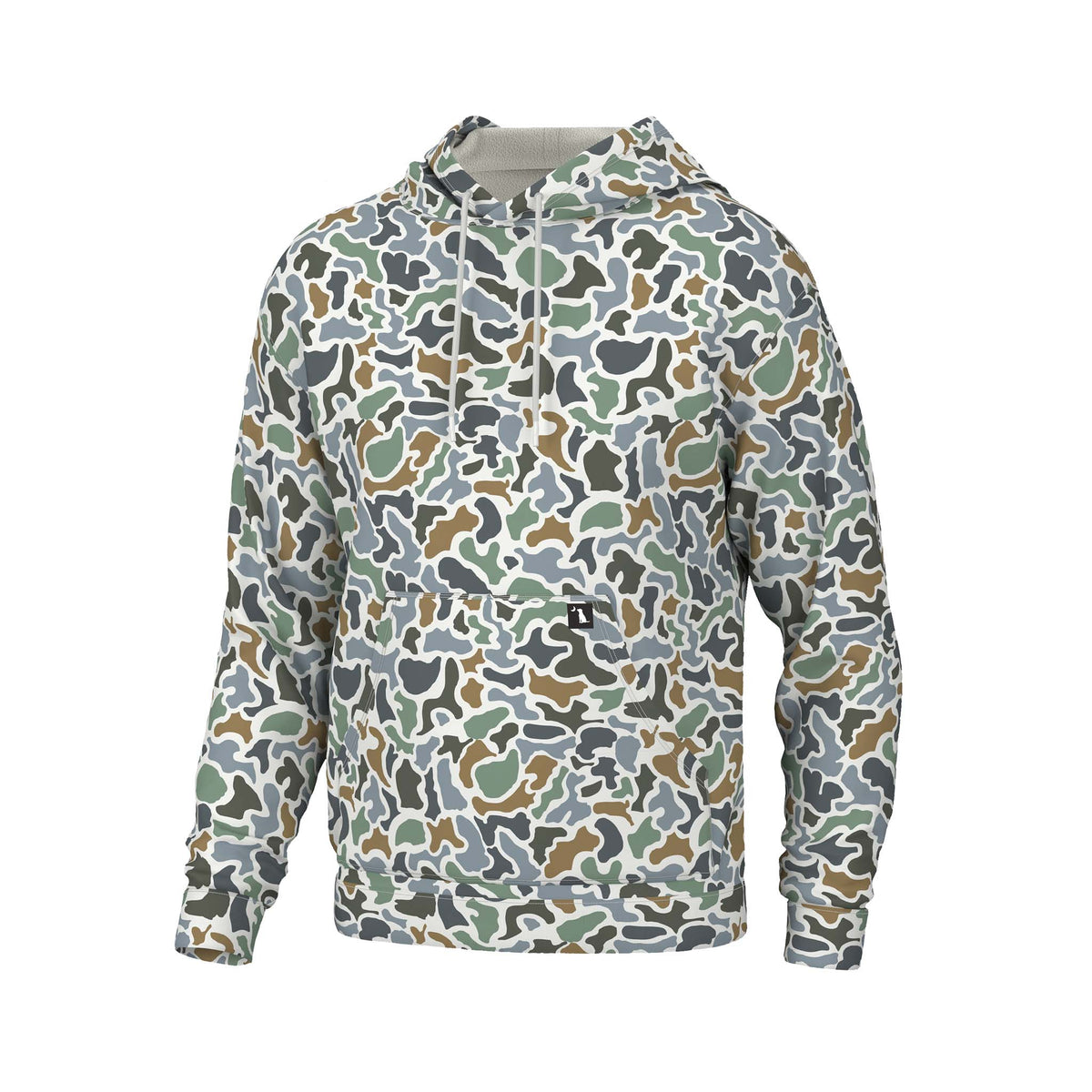 Local Boy Outfitters Youth Hilltop Hoodie in Local Camo Bluff print, front view with adjustable drawstring hood and kangaroo pocket.