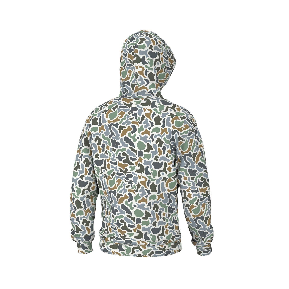 Local Boy Outfitters Youth Hilltop Hoodie in Sand Dog Camo print, back view showing allover camo design and attached hood.