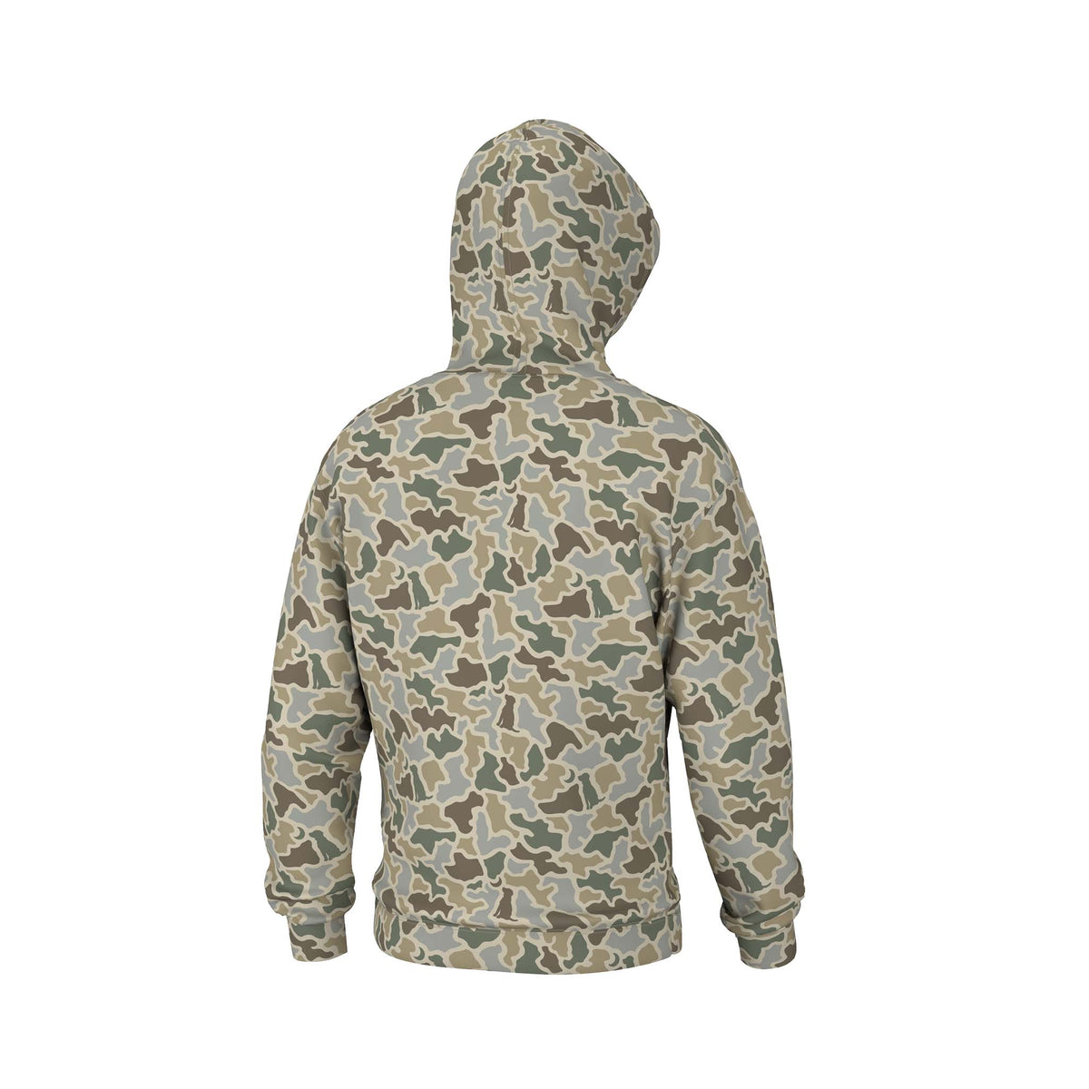 Local Boy Outfitters Youth Hilltop Hoodie in Sand Dog Camo print, back view showing allover camo design and attached hood.