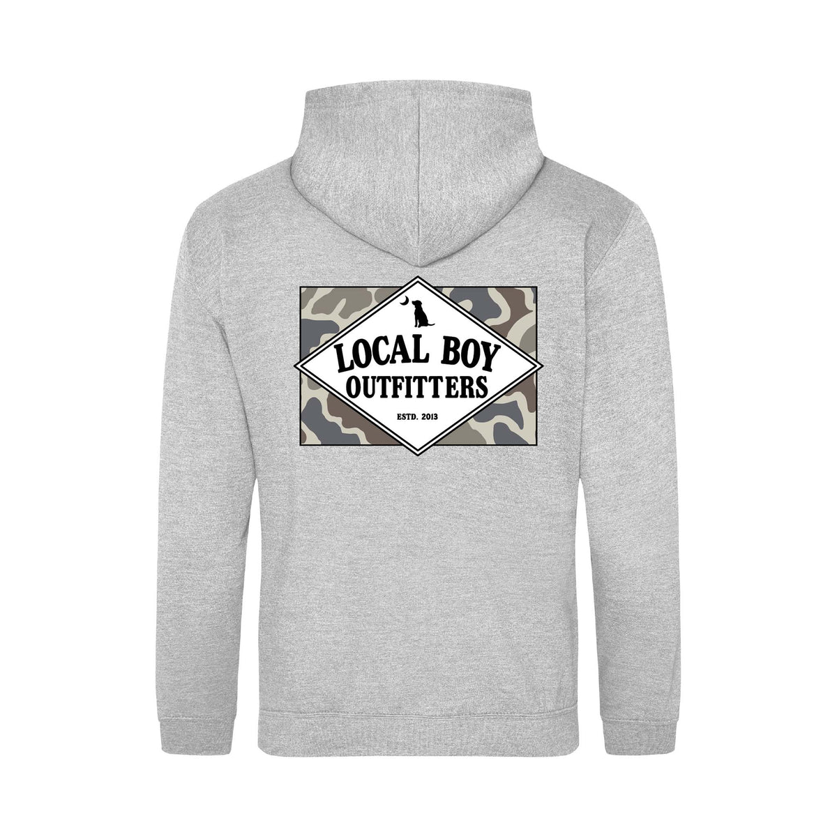 Gray hoodie with 'Local Boy Outfitters' logo on the back against a white background