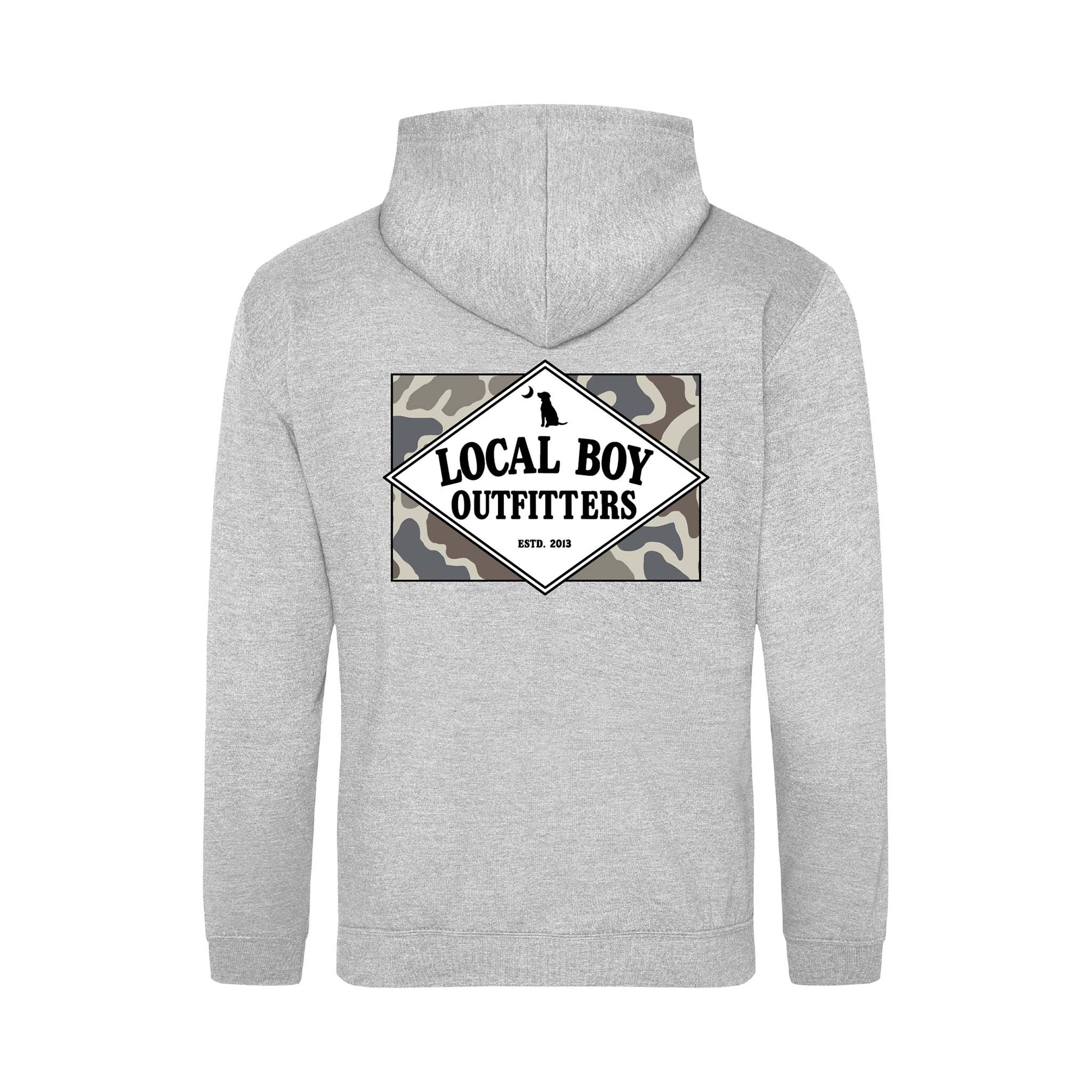 Gray hoodie with 'Local Boy Outfitters' logo on the back against a white background
