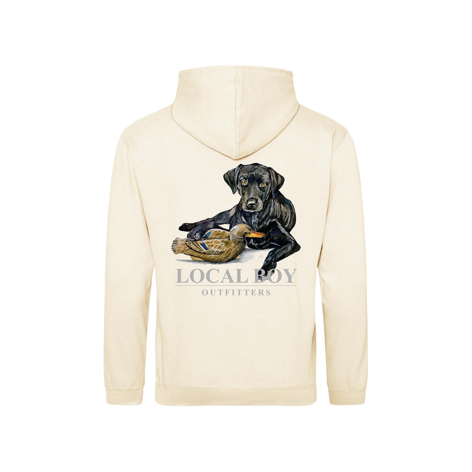 youth Vanilla local boy outfitters hooded sweatshirt with a black lab puppy next to a mallard duck decoy and local boy logo beneath.