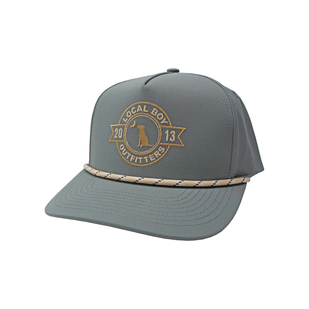 Local Boy Outfitters youth gray rope hat with tan embroidered logo featuring a dog and moon, and tan rope detail across the brim. Front angled view.