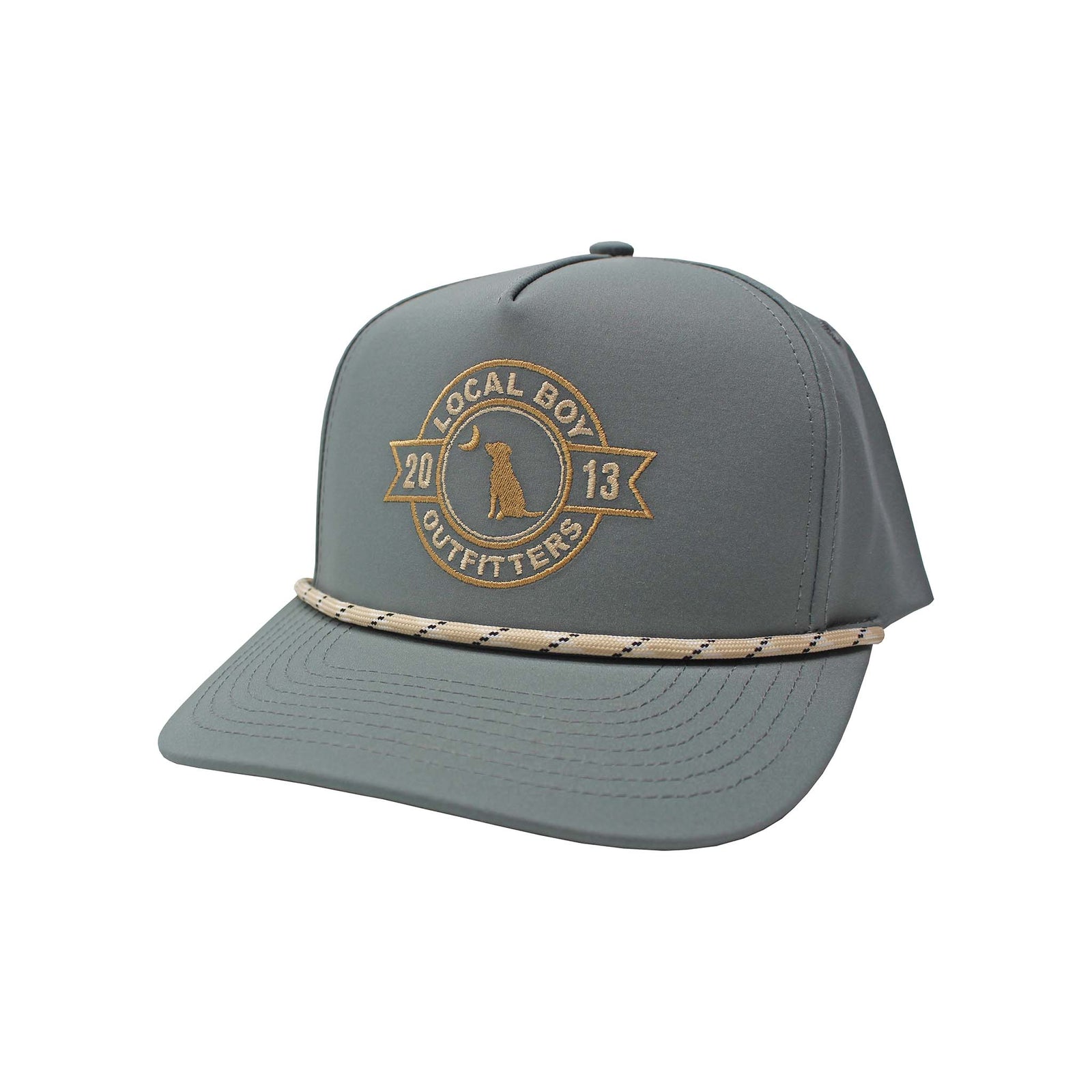 Local Boy Outfitters youth gray rope hat with tan embroidered logo featuring a dog and moon, and tan rope detail across the brim. Front angled view.