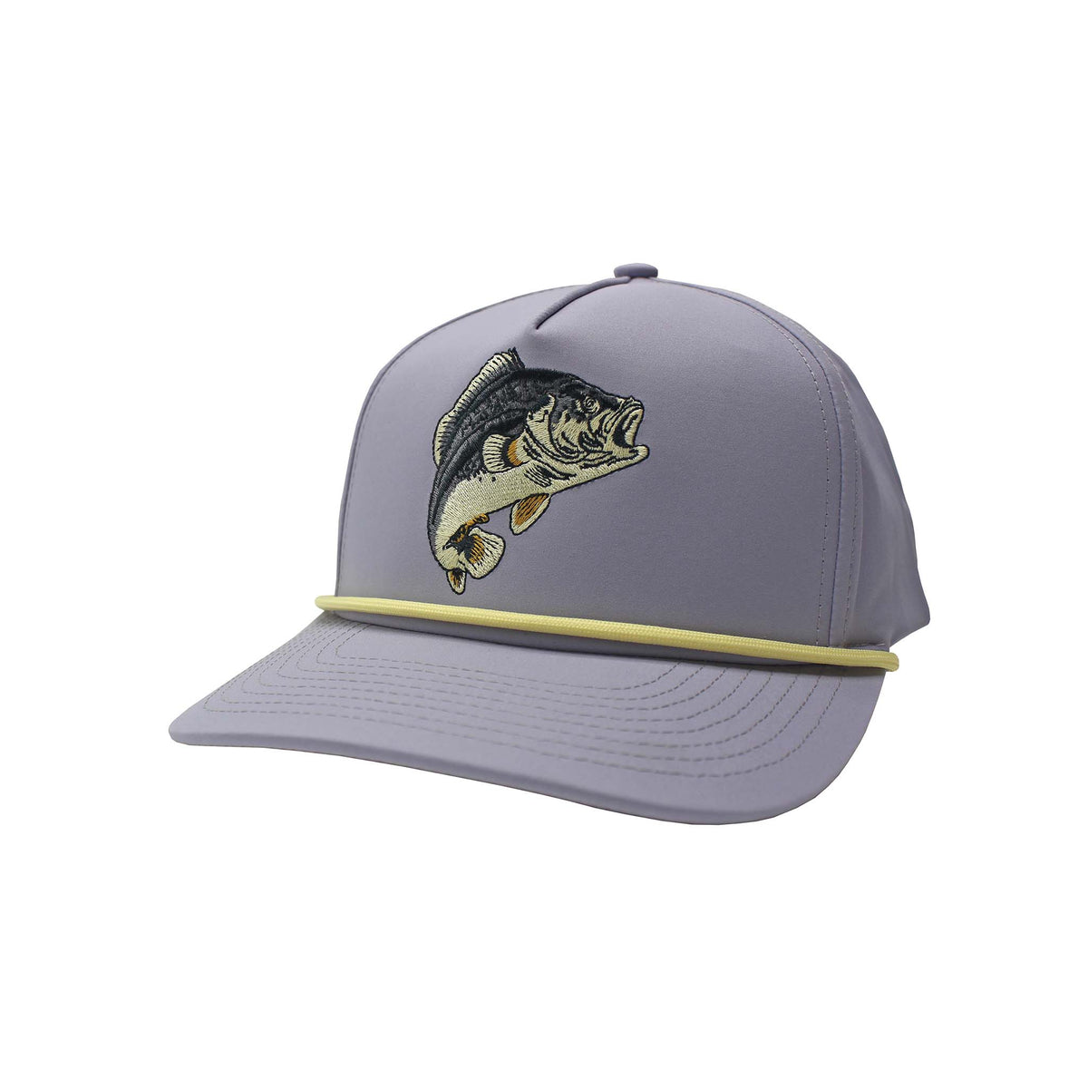 Local Boy Outfitters light purple rope hat with embroidered bass fish design and yellow rope detail across the brim. Front angled view.