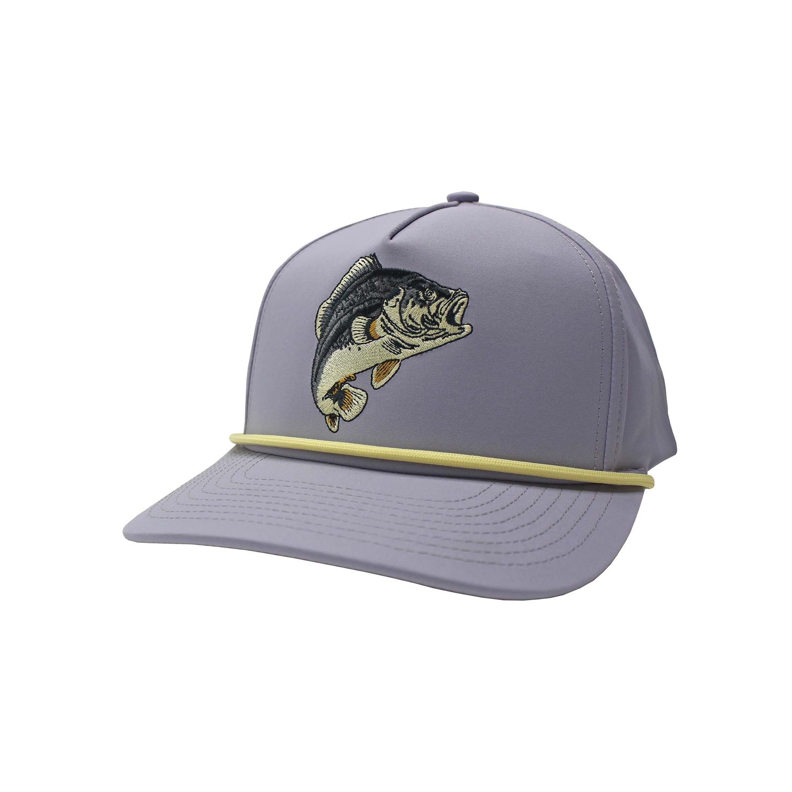 Local Boy Outfitters light purple rope hat with embroidered bass fish design and yellow rope detail across the brim. Front angled view.