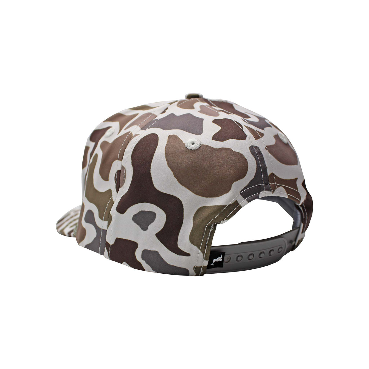 Youth camo snapback hat with leather Local Boy Outfitters patch and rope detail across the brim.