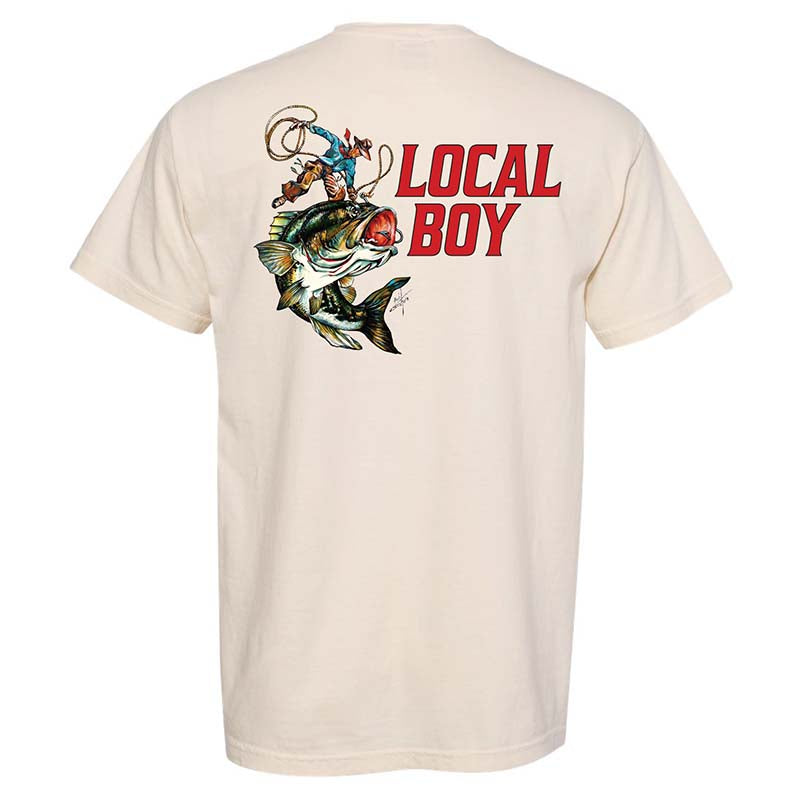 Beige Local Boy t-shirt with a man riding a bass with a lasso in his hand.