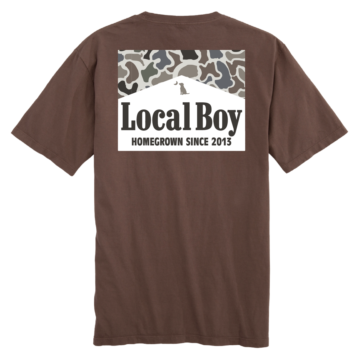 Local Boy Outfitters brown short sleeve t-shirt with camo box label on the back