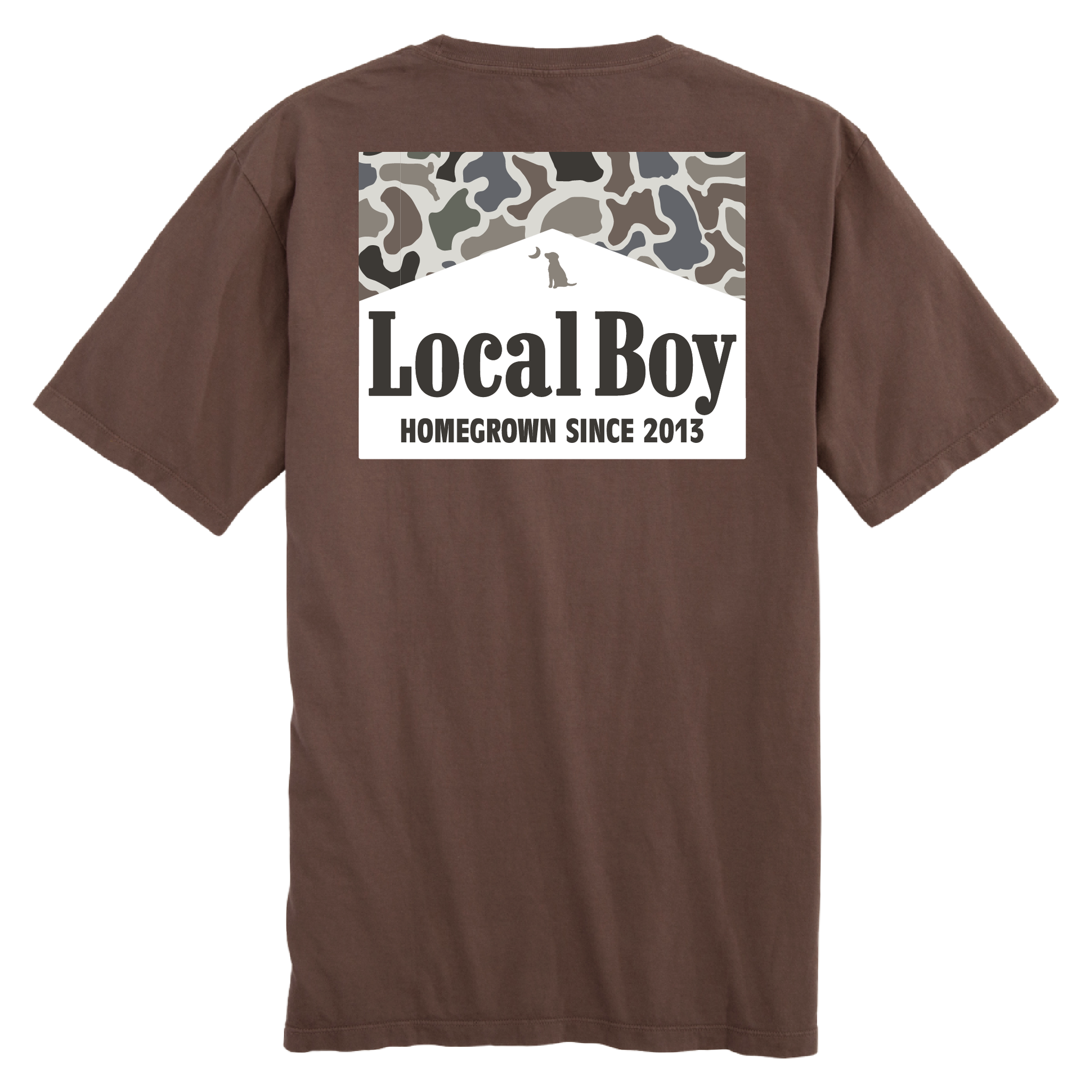 Local Boy Outfitters brown short sleeve t-shirt with camo box label on the back
