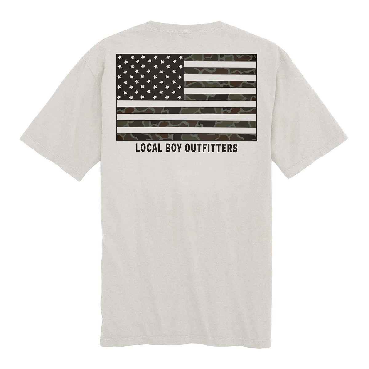 Local Boy Outfitters OD Flag Short Sleeve T-shirt, color light gray, sizes S-XXXL.