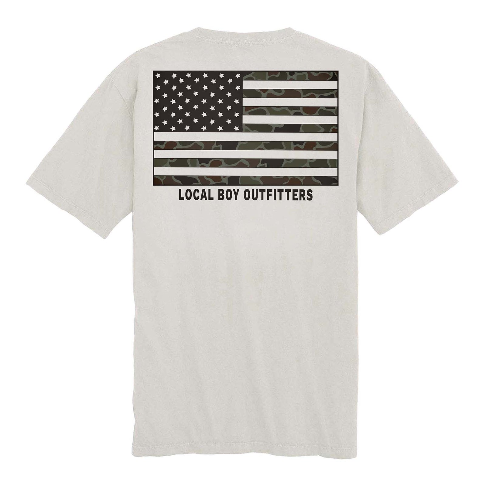 Local Boy Outfitters OD Flag Short Sleeve T-shirt, color light gray, sizes S-XXXL.