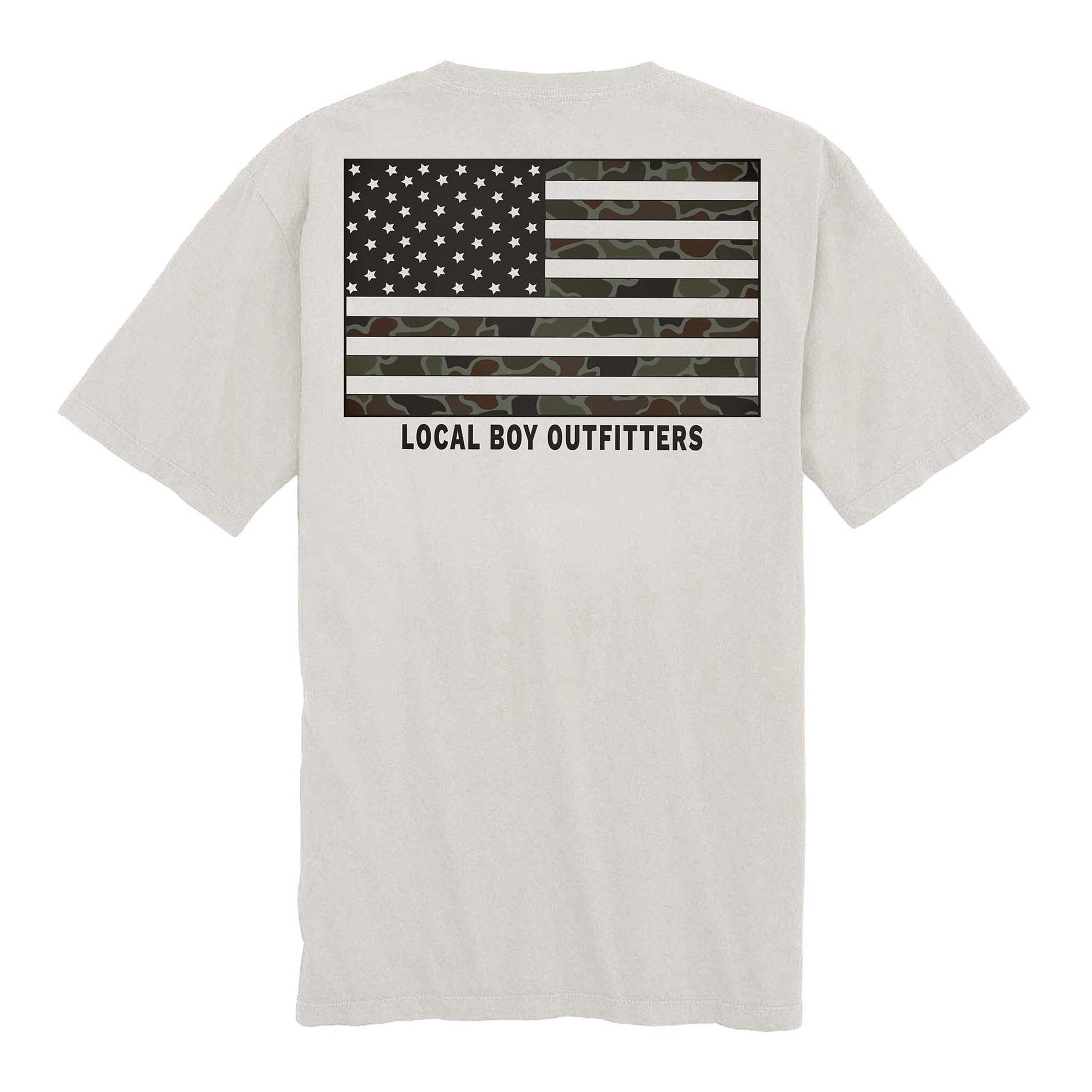Local Boy Outfitters OD Flag Short Sleeve T-shirt, color light gray, sizes S-XXXL.