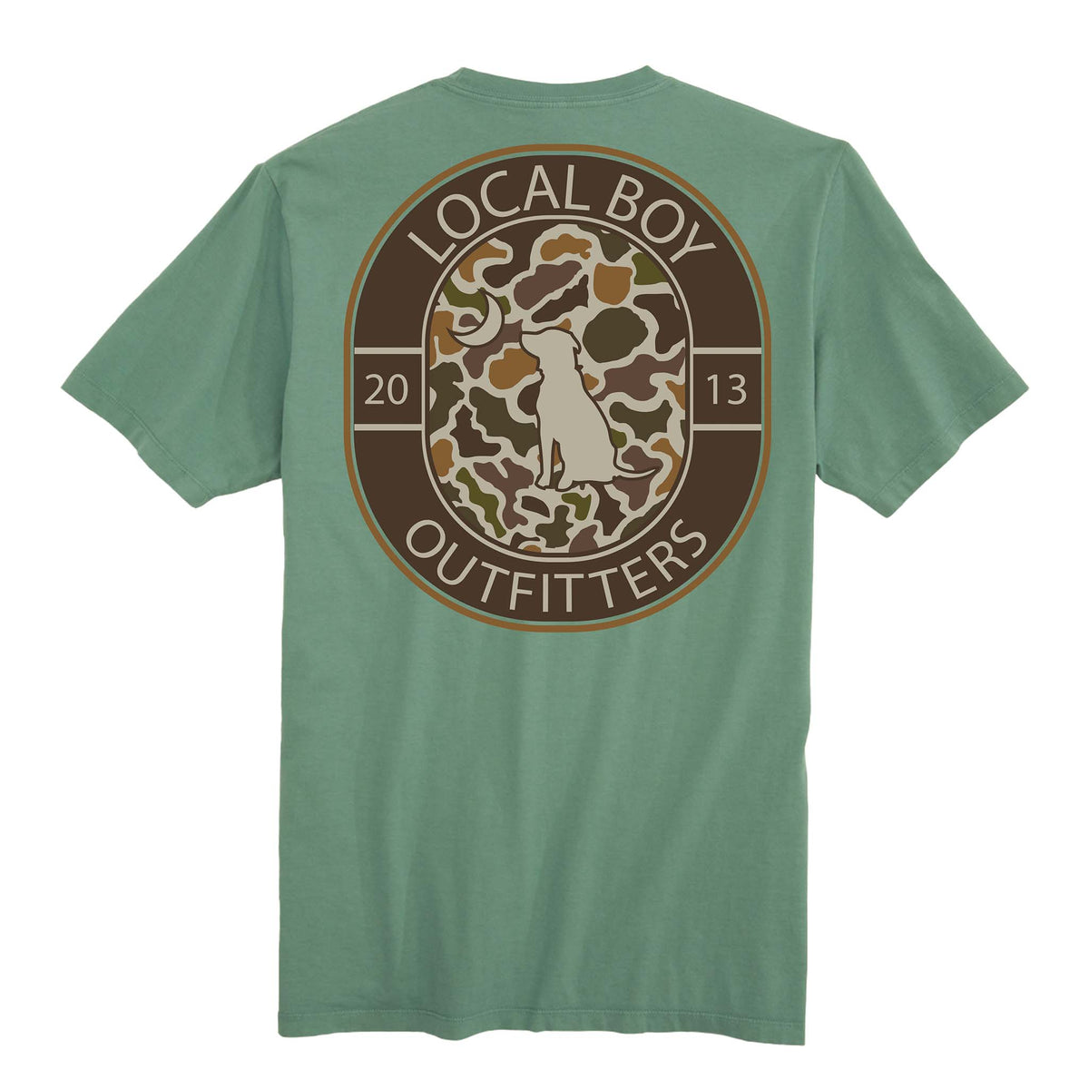 green t-shirt featuring a large back graphic with camo background, silhouette of a dog, crescent moon, and “Local Boy Outfitters 2013” text in an oval frame.
