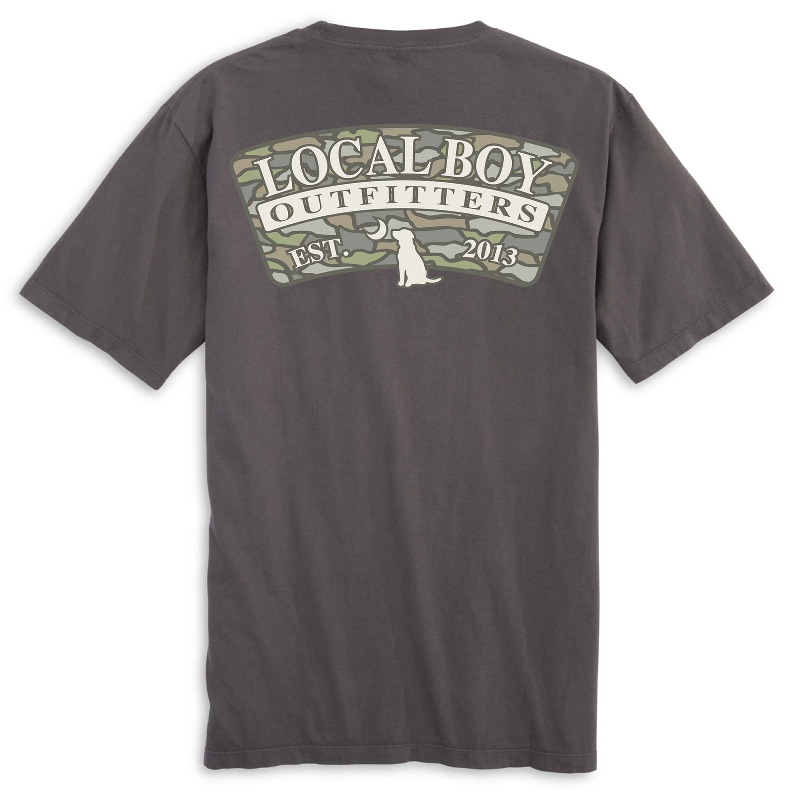 Local Boy Outfitters short sleeve t-shirt in charcoal gray. Back features a camo graphic with “Local Boy Outfitters Est. 2013” and a dog silhouette under a crescent moon.