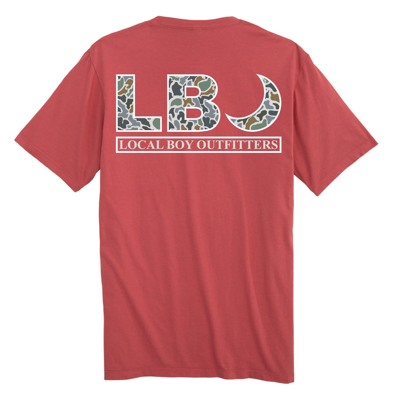Local Boy Outfitters Brick Short Sleeve T-Shirt with large LBO logo and crescent moon in camouflage print above boxed Local Boy Outfitters text on back.