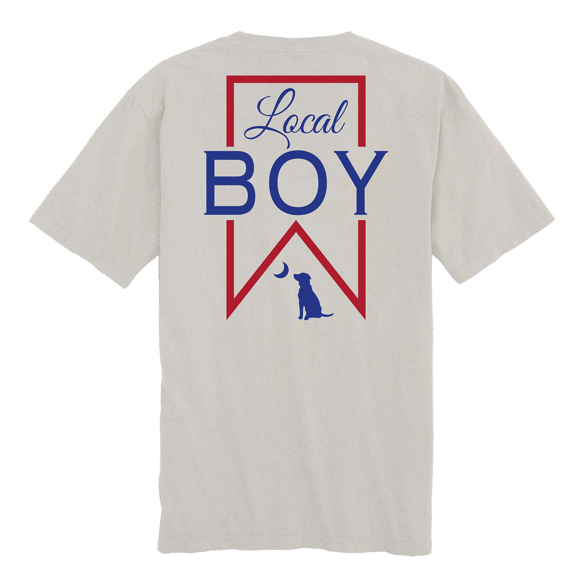 Grey short sleeve t-shirt with a red and blue Local Boy beer inspired logo graphic on the back.