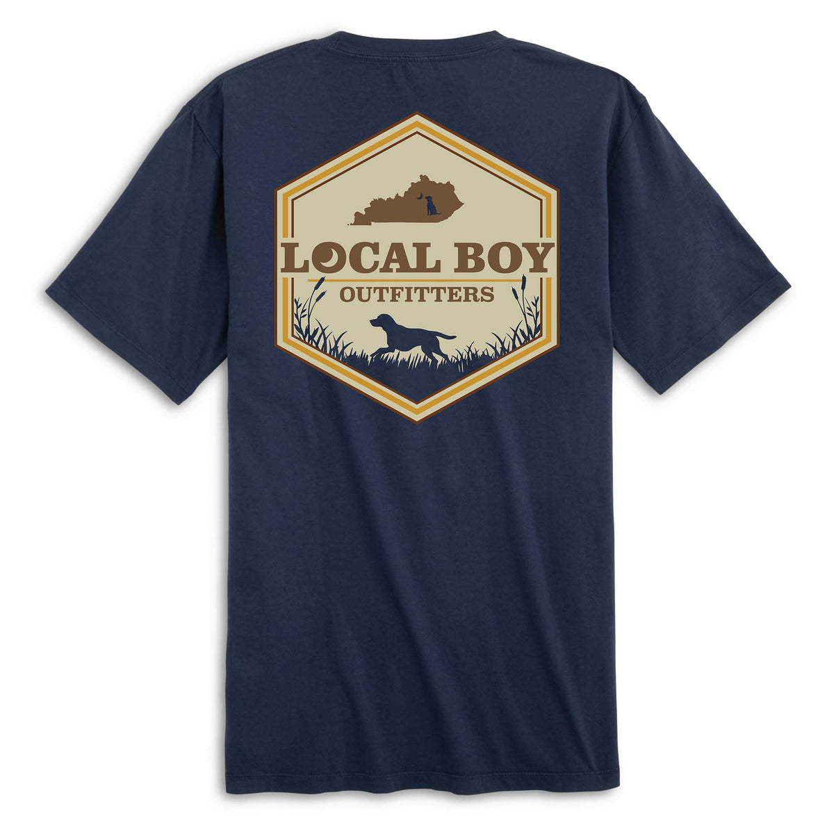 Back view of navy short sleeve t-shirt with large hexagon-shaped graphic featuring a brown silhouette of Kentucky, “Local Boy Outfitters” text, and a black silhouette of a dog standing in grass with cattails.