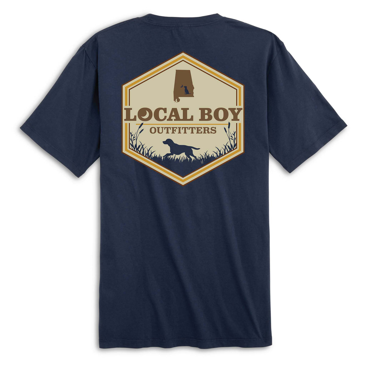 Navy blue t-shirt with 'Local Boy Outfitters' logo on the back against a white background