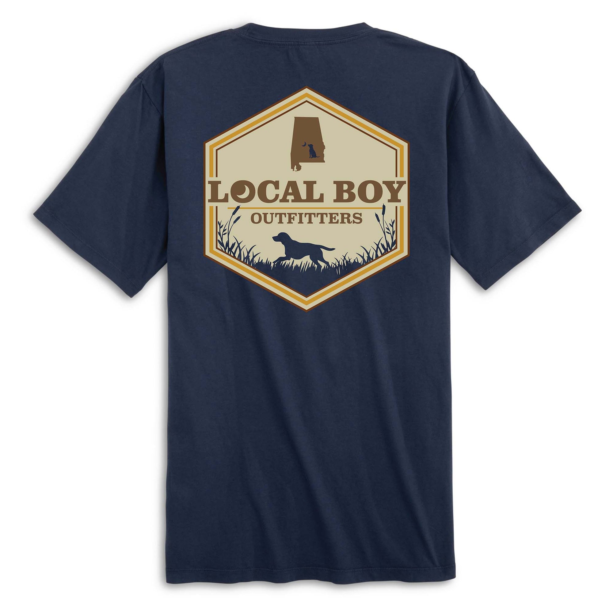 Navy blue t-shirt with 'Local Boy Outfitters' logo on the back against a white background