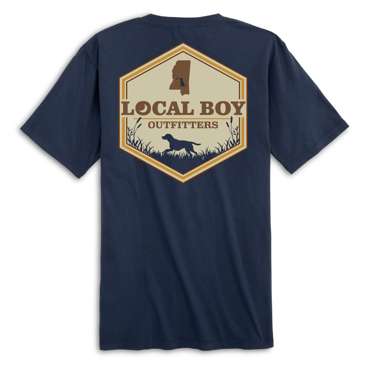 Back view of navy short sleeve t-shirt with Local Boy Outfitters hexagon logo featuring Mississippi state outline, retriever silhouette, and cattails.